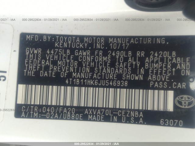 Photo 8 VIN: 4T1B11HK6JU546938 - TOYOTA CAMRY 