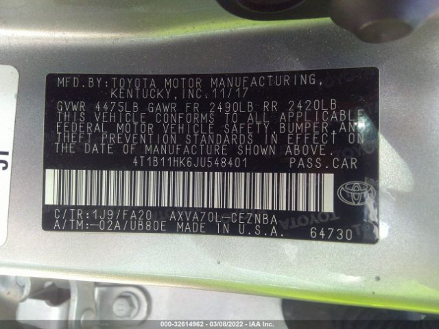 Photo 8 VIN: 4T1B11HK6JU548401 - TOYOTA CAMRY 