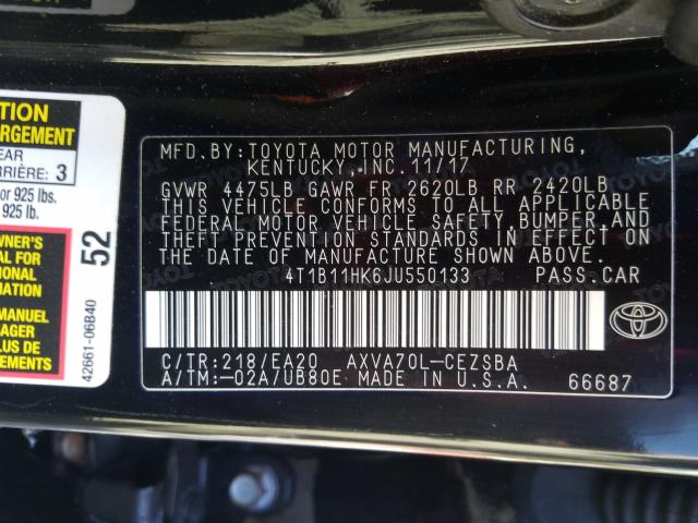 Photo 9 VIN: 4T1B11HK6JU550133 - TOYOTA CAMRY L 