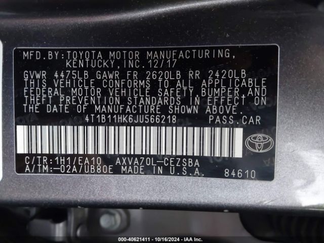 Photo 8 VIN: 4T1B11HK6JU566218 - TOYOTA CAMRY 