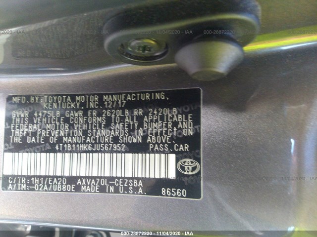 Photo 8 VIN: 4T1B11HK6JU567952 - TOYOTA CAMRY 