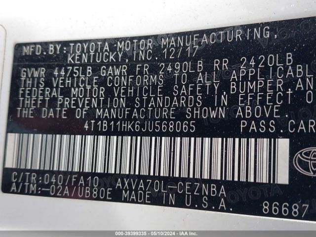 Photo 8 VIN: 4T1B11HK6JU568065 - TOYOTA CAMRY 