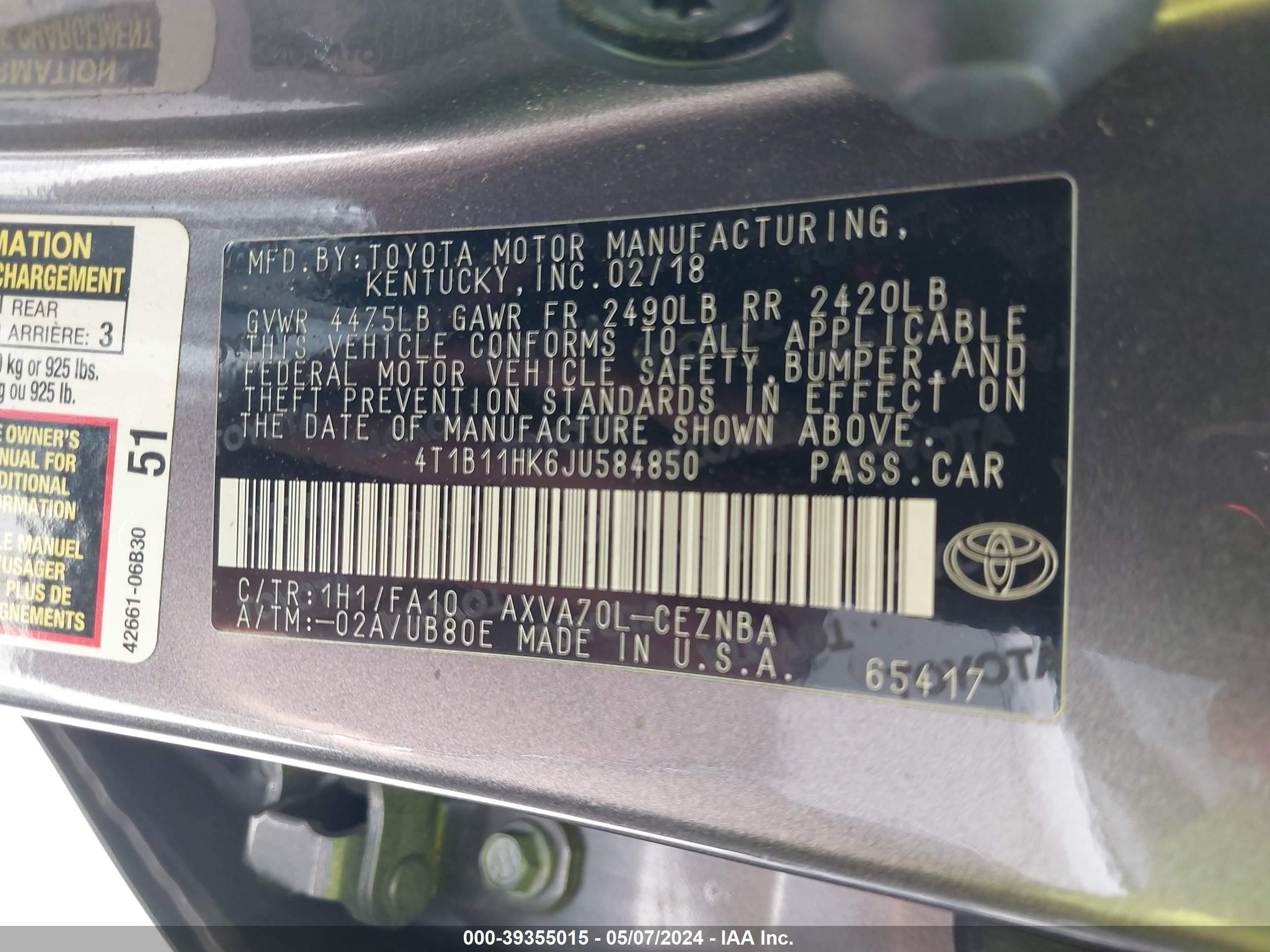 Photo 7 VIN: 4T1B11HK6JU584850 - TOYOTA CAMRY 