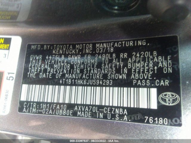 Photo 8 VIN: 4T1B11HK6JU594293 - TOYOTA CAMRY 