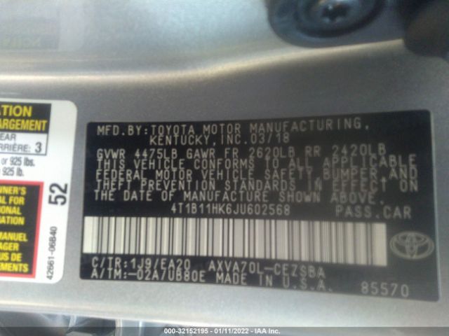 Photo 8 VIN: 4T1B11HK6JU602568 - TOYOTA CAMRY 