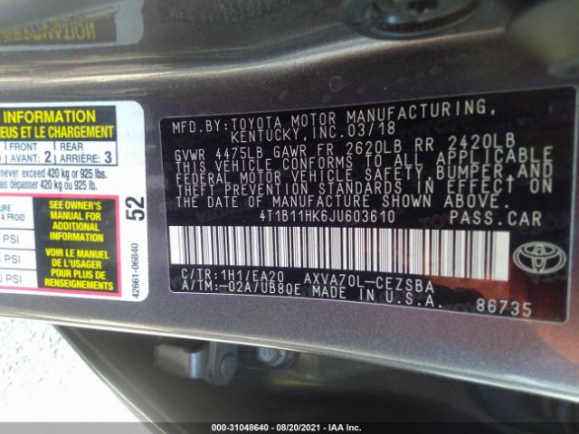 Photo 8 VIN: 4T1B11HK6JU603610 - TOYOTA CAMRY 