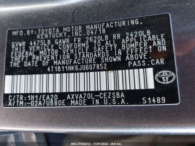 Photo 8 VIN: 4T1B11HK6JU607852 - TOYOTA CAMRY 