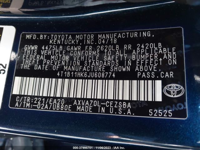 Photo 8 VIN: 4T1B11HK6JU608774 - TOYOTA CAMRY 