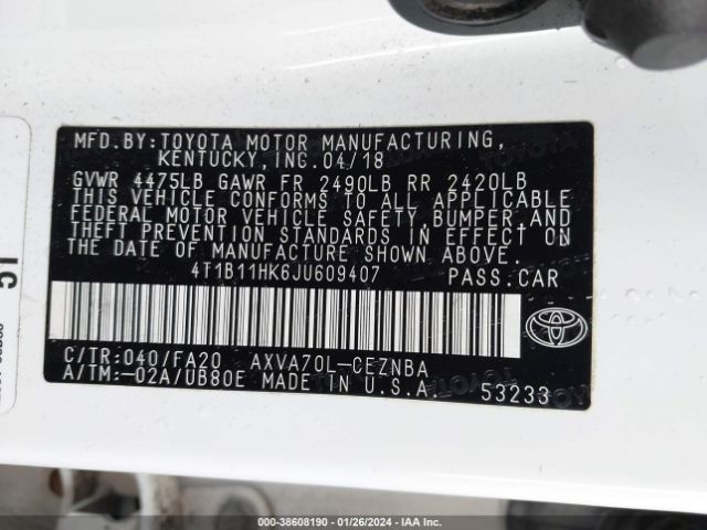 Photo 8 VIN: 4T1B11HK6JU609407 - TOYOTA CAMRY 