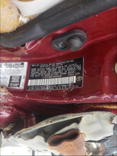 Photo 9 VIN: 4T1B11HK6JU609908 - TOYOTA CAMRY L 