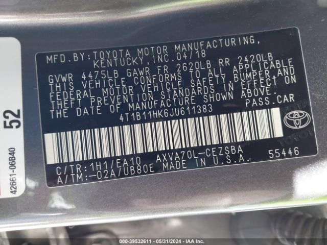 Photo 8 VIN: 4T1B11HK6JU611383 - TOYOTA CAMRY 