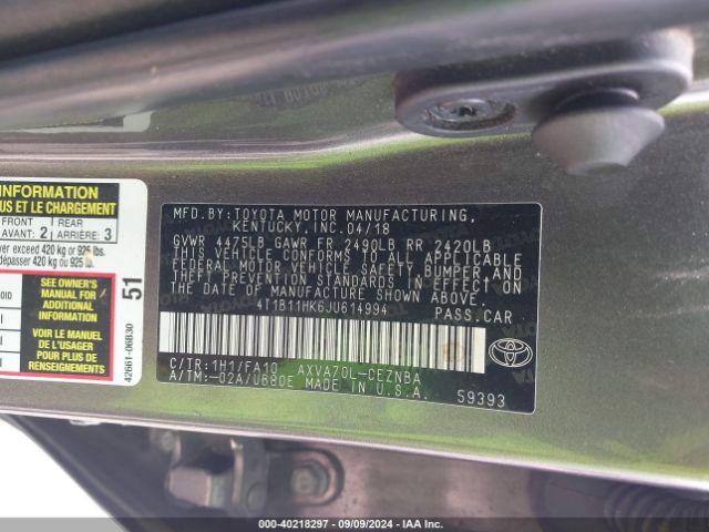 Photo 8 VIN: 4T1B11HK6JU614994 - TOYOTA CAMRY 