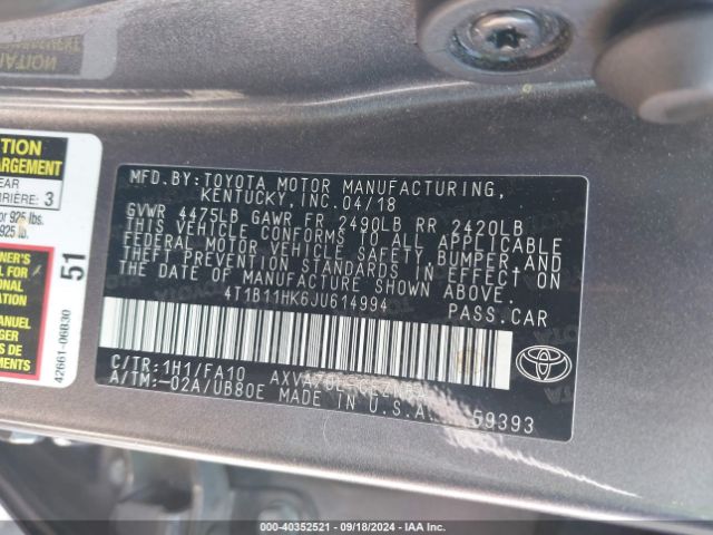 Photo 8 VIN: 4T1B11HK6JU614994 - TOYOTA CAMRY 