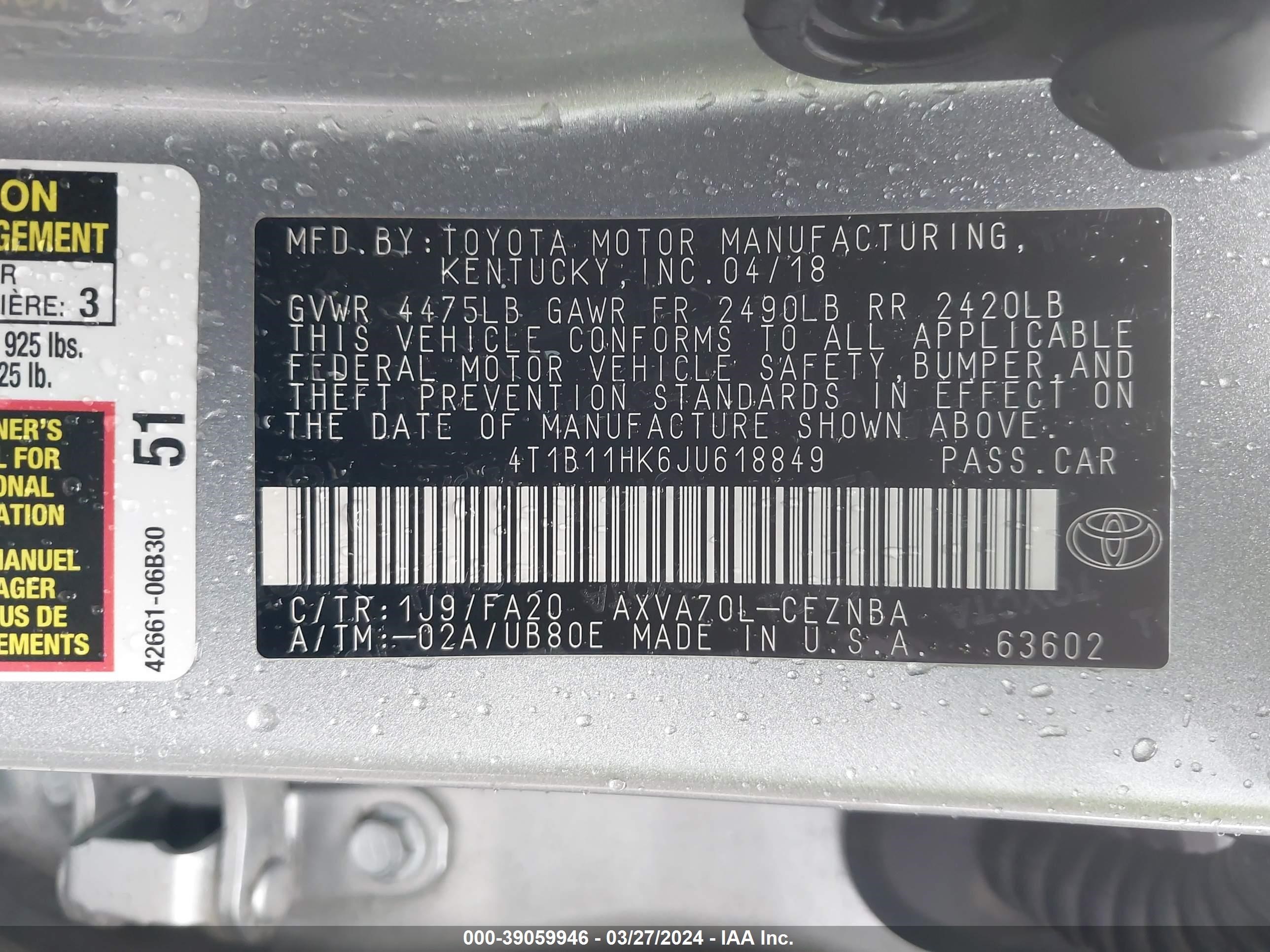 Photo 8 VIN: 4T1B11HK6JU618849 - TOYOTA CAMRY 