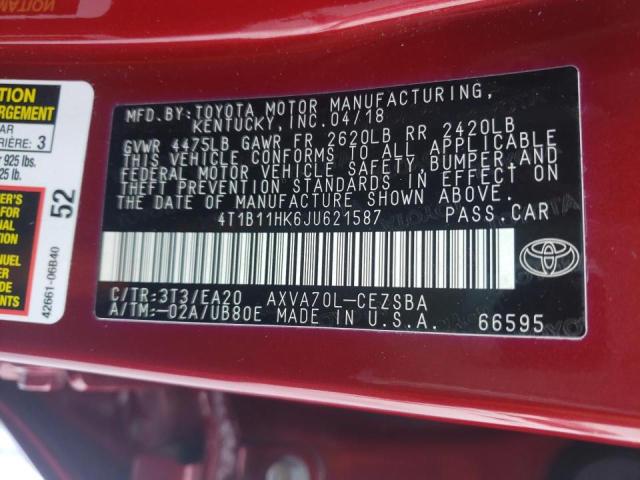 Photo 9 VIN: 4T1B11HK6JU621587 - TOYOTA CAMRY L 