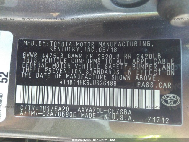 Photo 8 VIN: 4T1B11HK6JU626188 - TOYOTA CAMRY 