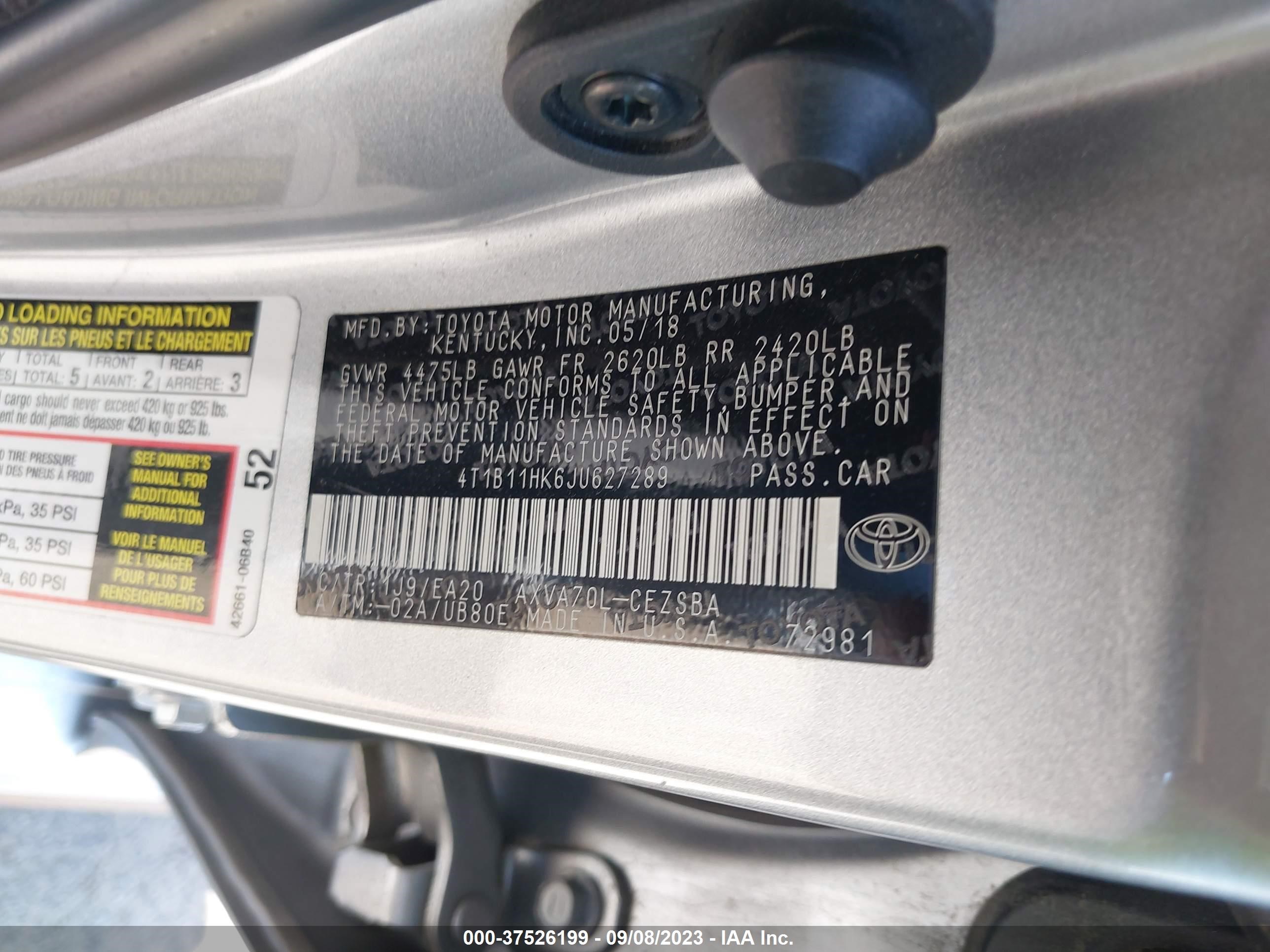 Photo 8 VIN: 4T1B11HK6JU627289 - TOYOTA CAMRY 