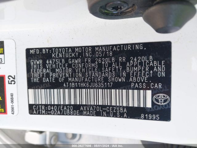 Photo 8 VIN: 4T1B11HK6JU635117 - TOYOTA CAMRY 