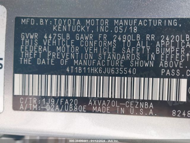 Photo 8 VIN: 4T1B11HK6JU635540 - TOYOTA CAMRY 