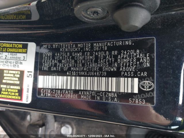 Photo 8 VIN: 4T1B11HK6JU648739 - TOYOTA CAMRY 