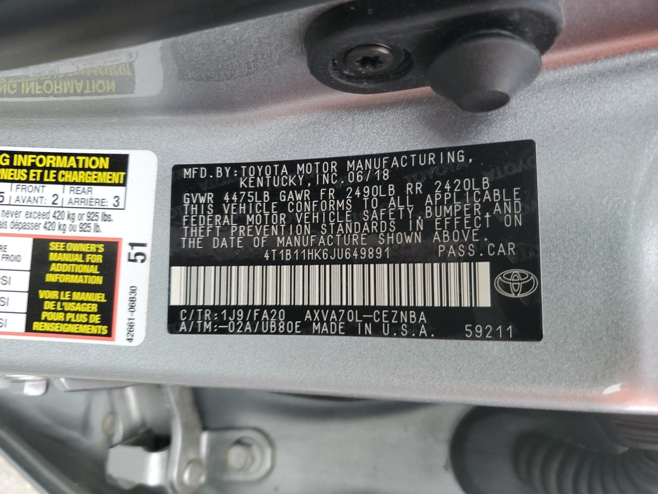 Photo 11 VIN: 4T1B11HK6JU649891 - TOYOTA CAMRY 