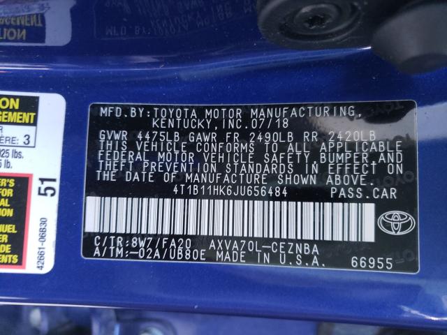 Photo 9 VIN: 4T1B11HK6JU656484 - TOYOTA CAMRY L 