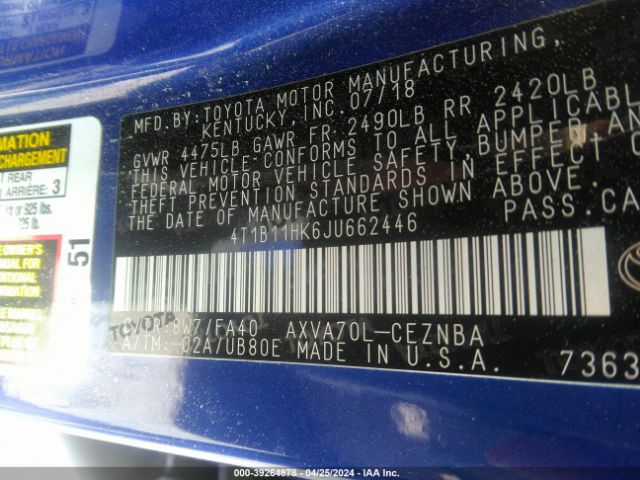 Photo 8 VIN: 4T1B11HK6JU662446 - TOYOTA CAMRY 