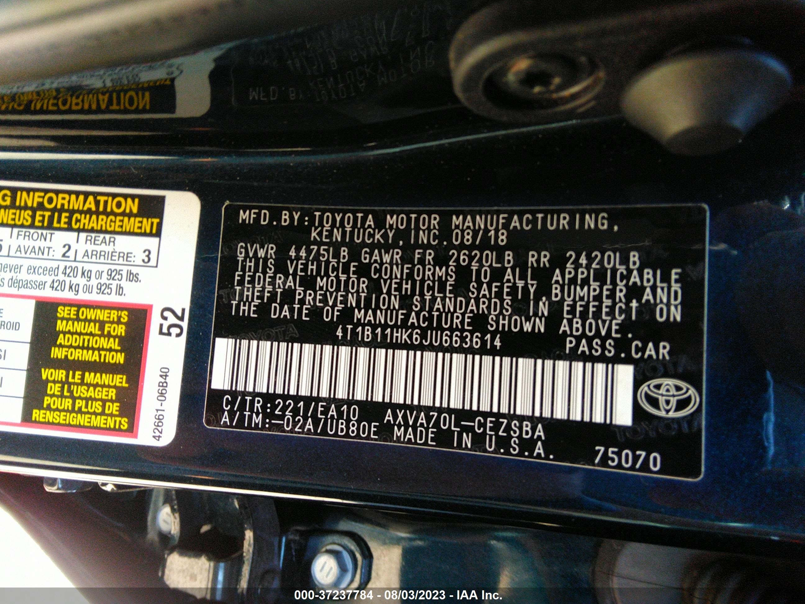 Photo 8 VIN: 4T1B11HK6JU663614 - TOYOTA CAMRY 