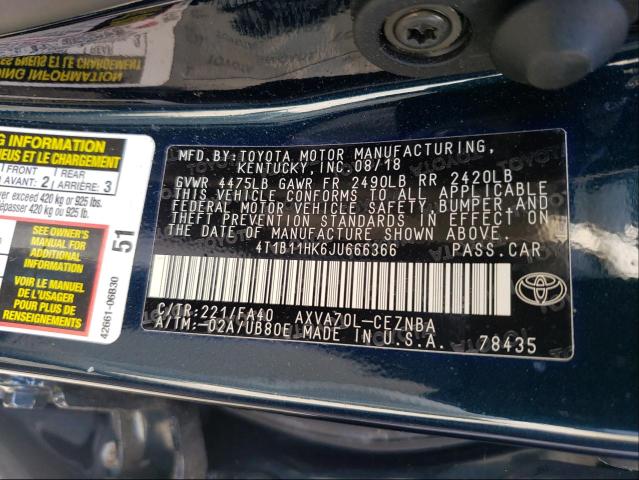 Photo 9 VIN: 4T1B11HK6JU666366 - TOYOTA CAMRY L 