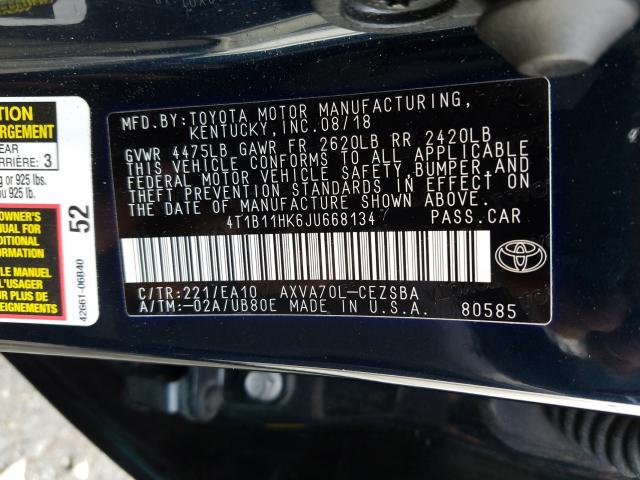 Photo 9 VIN: 4T1B11HK6JU668134 - TOYOTA CAMRY L 