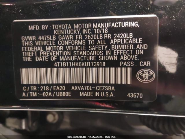 Photo 8 VIN: 4T1B11HK6KU173918 - TOYOTA CAMRY 