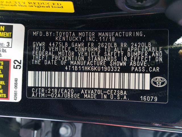 Photo 9 VIN: 4T1B11HK6KU190332 - TOYOTA CAMRY L 