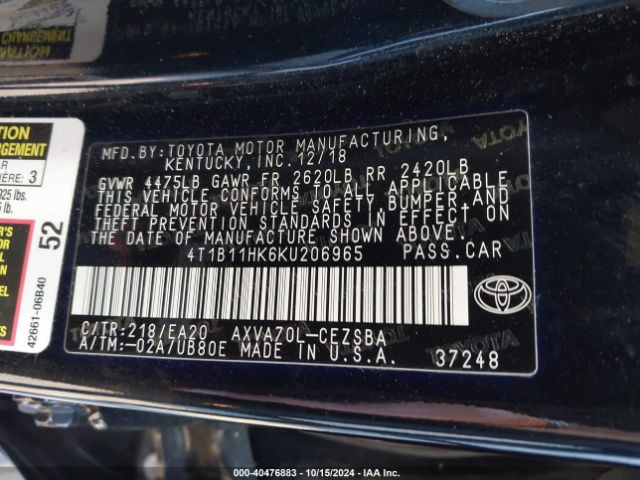 Photo 8 VIN: 4T1B11HK6KU206965 - TOYOTA CAMRY 