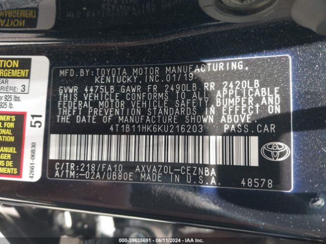 Photo 8 VIN: 4T1B11HK6KU216203 - TOYOTA CAMRY 