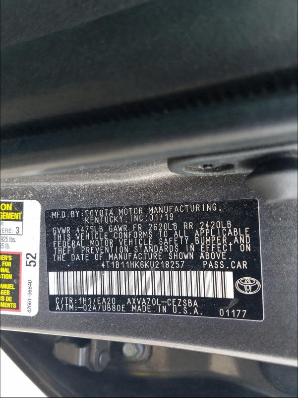 Photo 9 VIN: 4T1B11HK6KU218257 - TOYOTA CAMRY L 