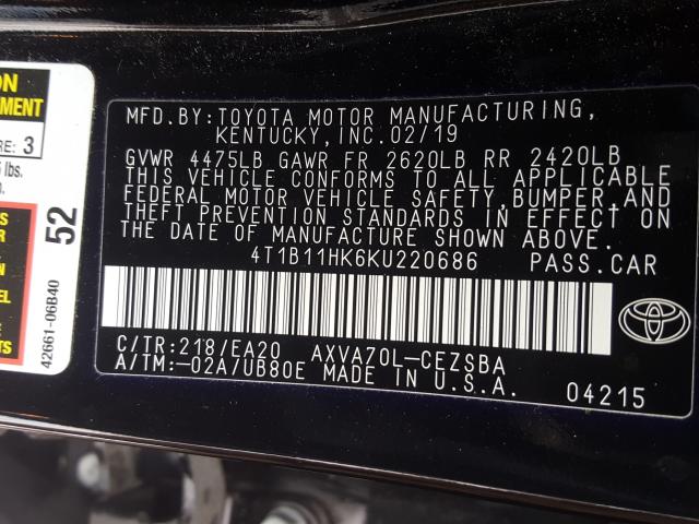 Photo 9 VIN: 4T1B11HK6KU220686 - TOYOTA CAMRY L 