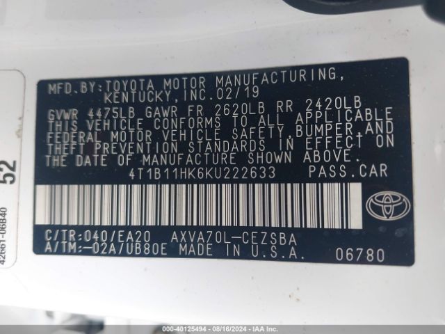 Photo 8 VIN: 4T1B11HK6KU222633 - TOYOTA CAMRY 