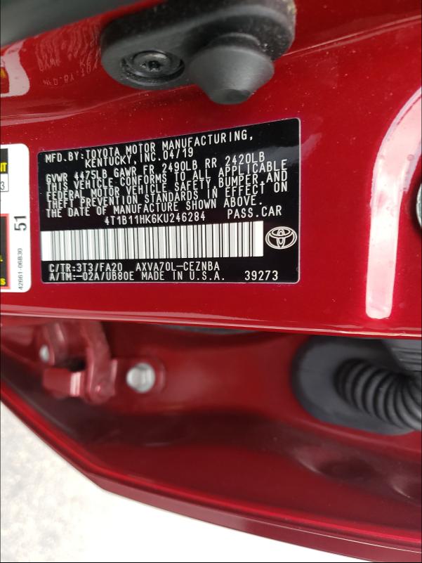 Photo 9 VIN: 4T1B11HK6KU246284 - TOYOTA CAMRY L 