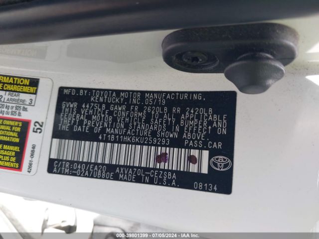 Photo 8 VIN: 4T1B11HK6KU259293 - TOYOTA CAMRY 