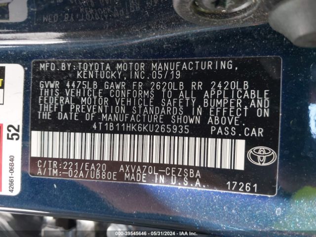 Photo 8 VIN: 4T1B11HK6KU265935 - TOYOTA CAMRY 