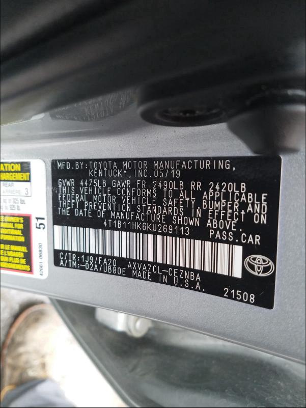 Photo 9 VIN: 4T1B11HK6KU269113 - TOYOTA CAMRY L 