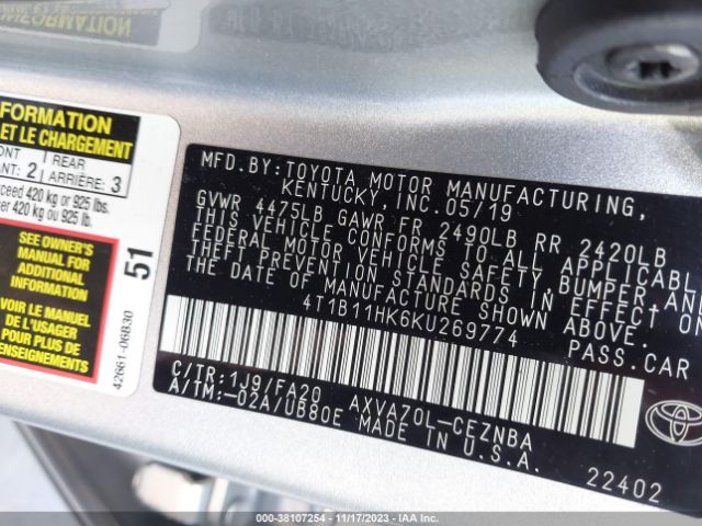 Photo 8 VIN: 4T1B11HK6KU269774 - TOYOTA CAMRY L 