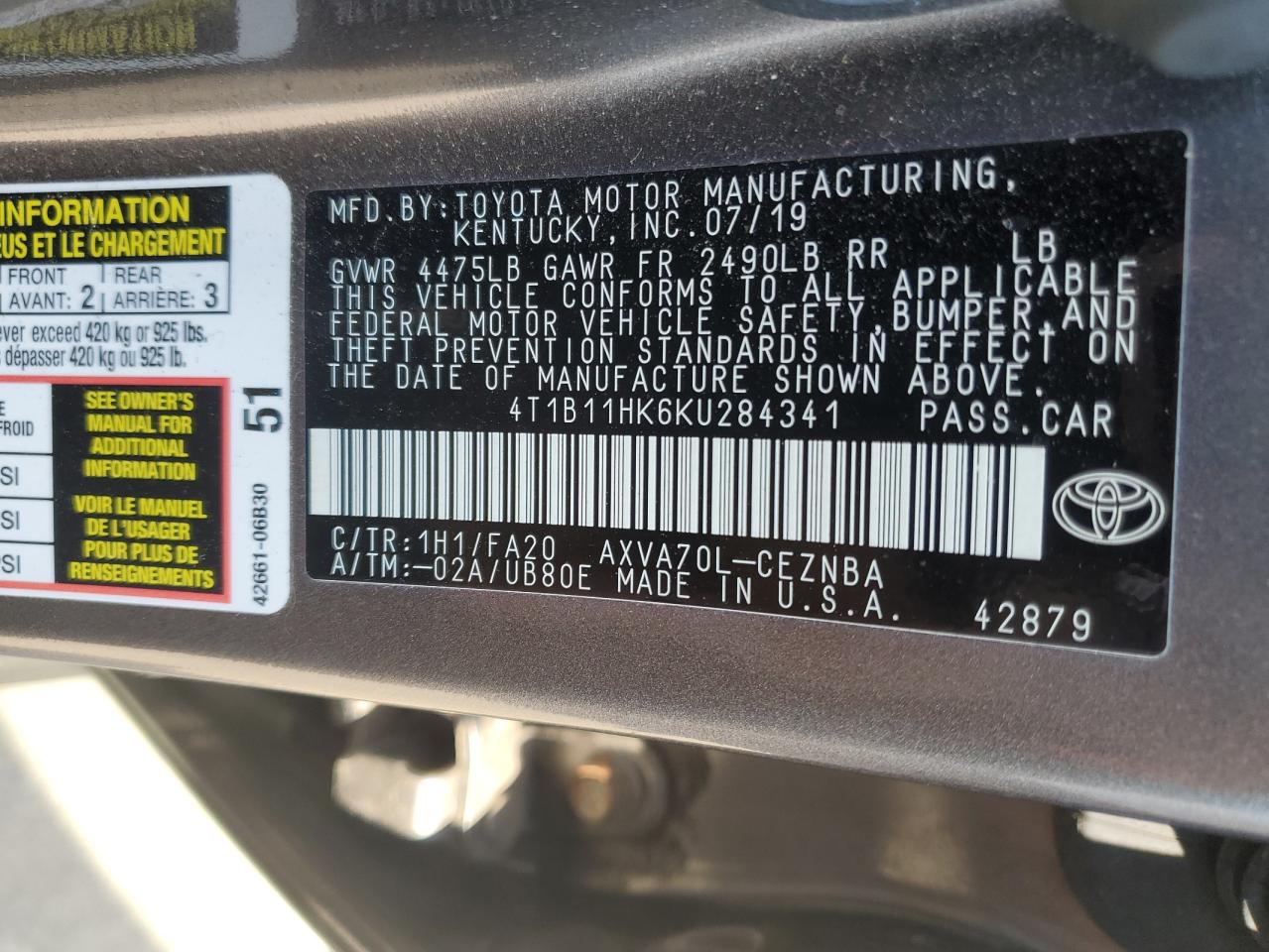 Photo 11 VIN: 4T1B11HK6KU284341 - TOYOTA CAMRY 