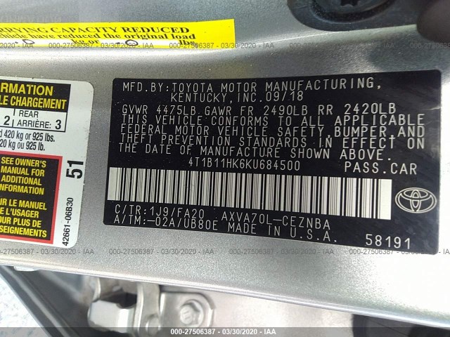 Photo 8 VIN: 4T1B11HK6KU684500 - TOYOTA CAMRY 