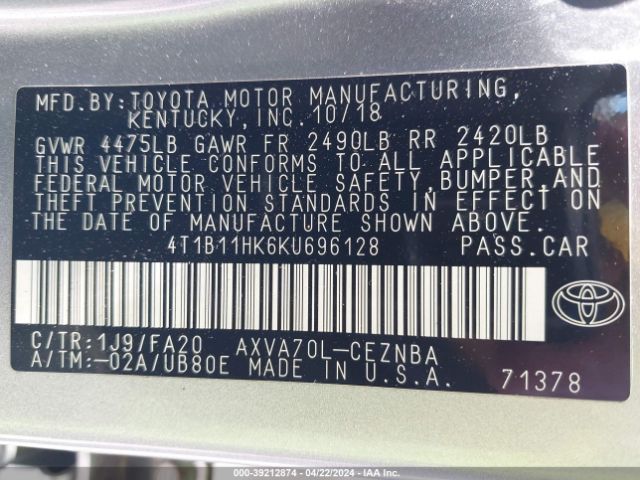 Photo 8 VIN: 4T1B11HK6KU696128 - TOYOTA CAMRY 