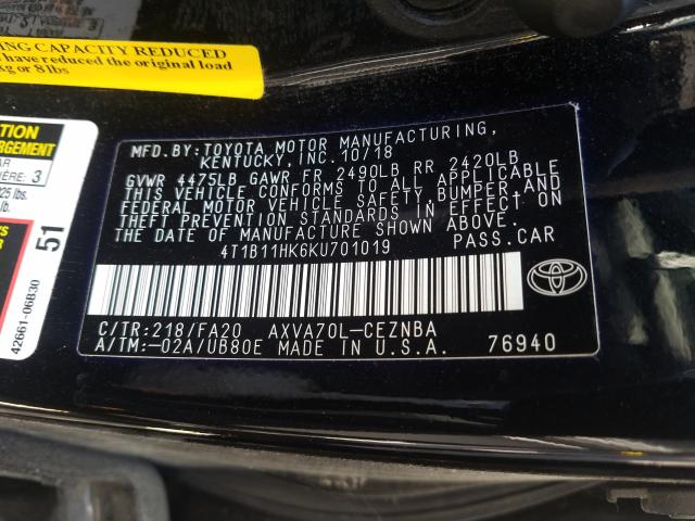 Photo 9 VIN: 4T1B11HK6KU701019 - TOYOTA CAMRY L 