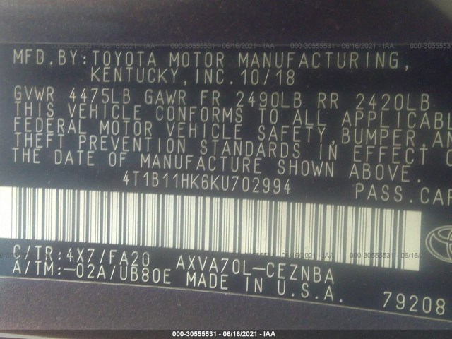 Photo 8 VIN: 4T1B11HK6KU702994 - TOYOTA CAMRY 