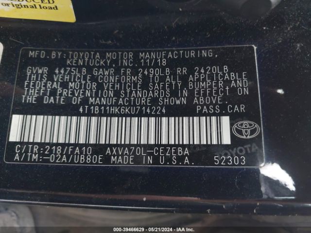 Photo 8 VIN: 4T1B11HK6KU714224 - TOYOTA CAMRY 