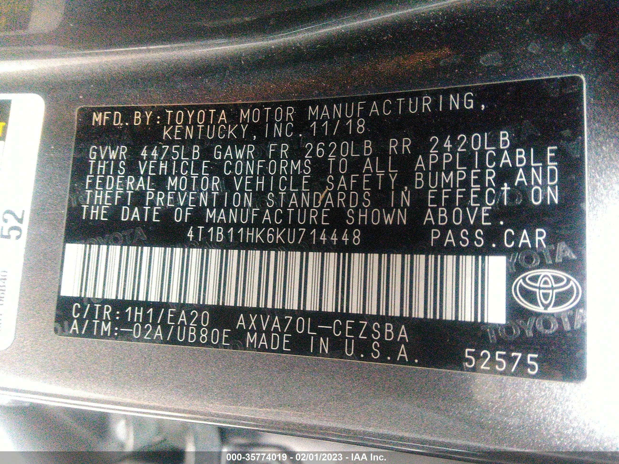 Photo 8 VIN: 4T1B11HK6KU714448 - TOYOTA CAMRY 