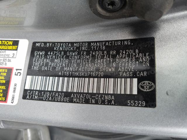 Photo 9 VIN: 4T1B11HK6KU716720 - TOYOTA CAMRY L 